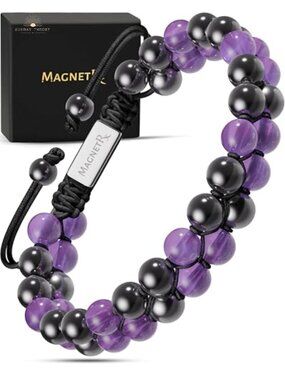 Amethyst & Hematite Beaded Bracelet Adjustable Crystal Gemstone